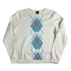 Vintage IZOD Women's Crewneck Argyle Golf Sweater  Size XL  Ivory & Blue  Preppy